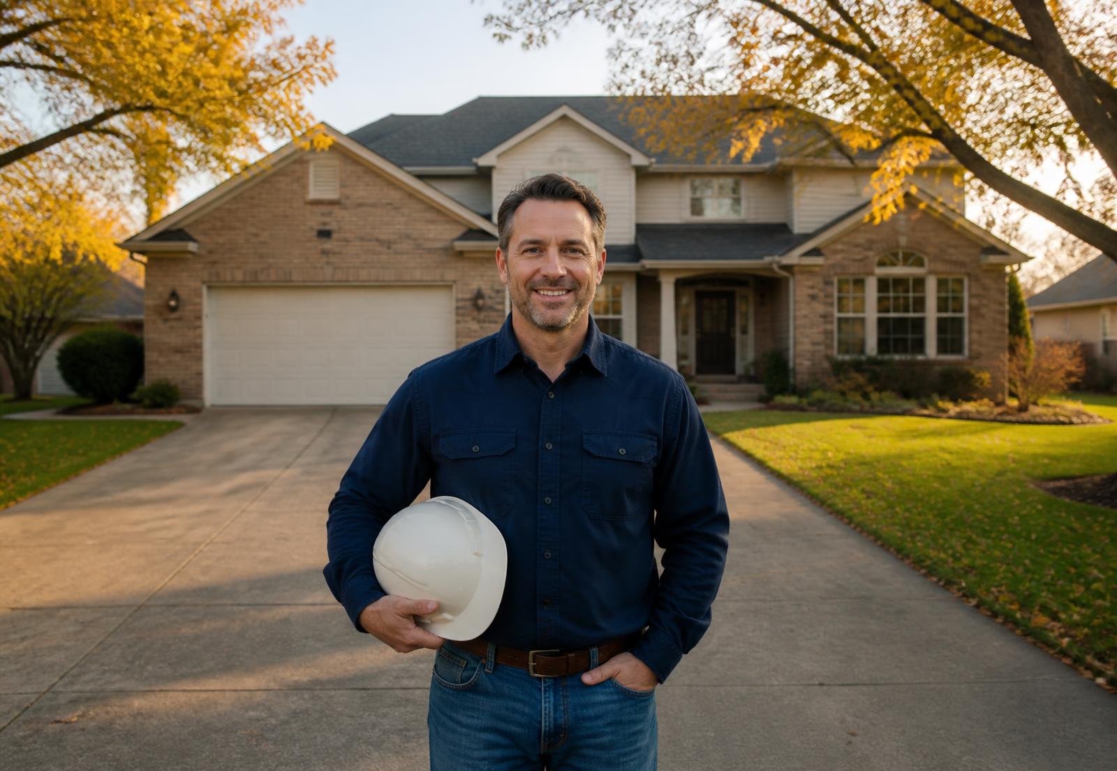 Roofing professional in navy workwear holding a hard hat, standing in the driveway of a Palatine, Illinois two-story home with dark architectural shingles