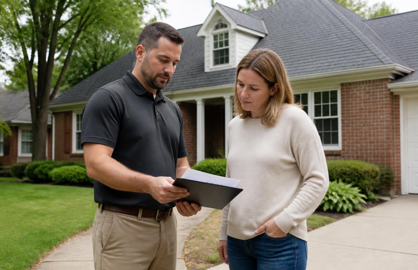 Roofing estimator reviewing a written estimate on a clipboard with a homeowner outside a Palatine-area home